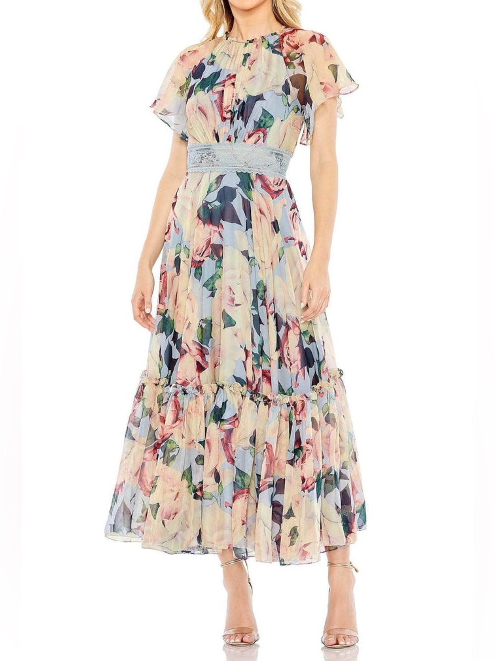 Mac Duggal Size 2 Blue Floral Flutter Lace Trim Midi Dress Gown